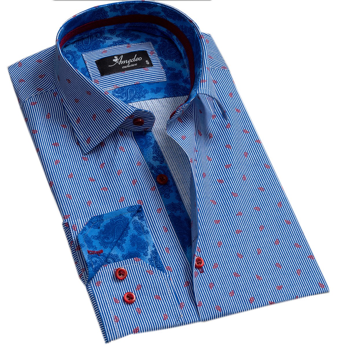 Striped Blue & White Mens Slim Fit Designer Dress Shirt - tailored Cotton Shirts for Work and Casual Wear - Amedeo Exclusive