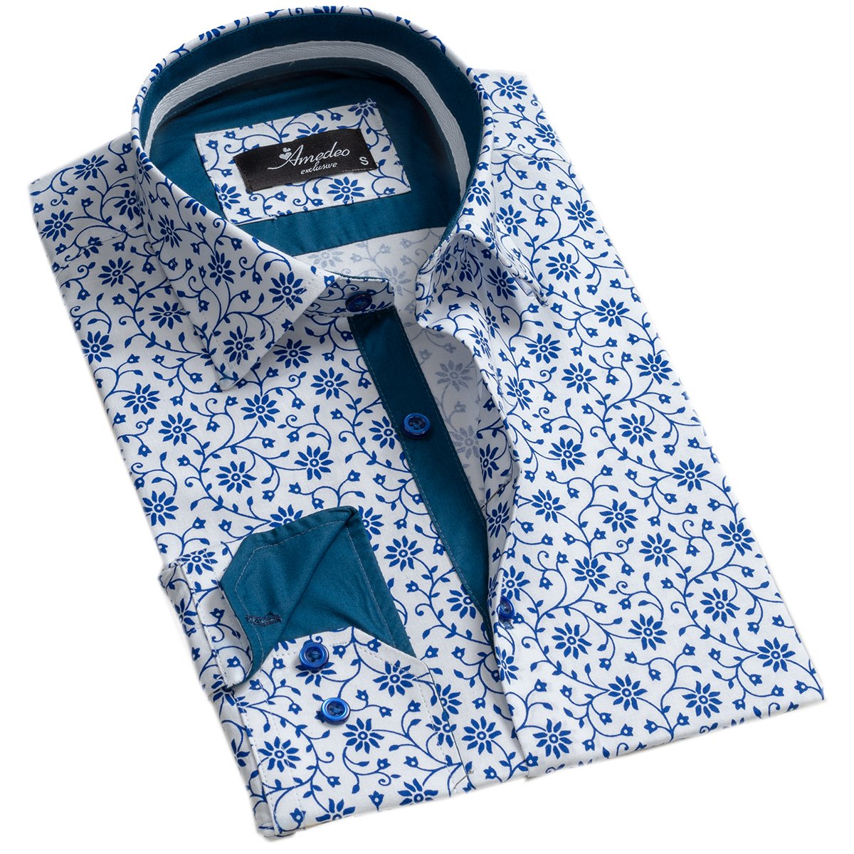 White Blue Floral Mens Slim Fit Designer Dress Shirt - tailored Cotton Shirts for Work and Casual Wear - Amedeo Exclusive