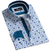 White Blue Floral Mens Slim Fit Designer Dress Shirt - tailored Cotton Shirts for Work and Casual Wear - Amedeo Exclusive