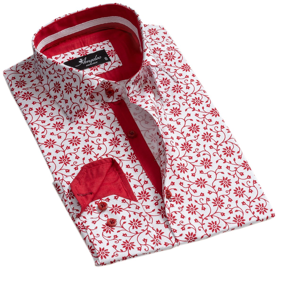 White Red Floral Mens Slim Fit Designer Dress Shirt - tailored Cotton Shirts for Work and Casual Wear - Amedeo Exclusive