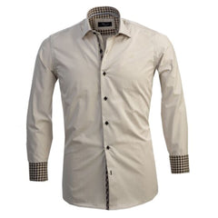 Cream with Brown Mens Slim Fit Designer Dress Shirt - tailored Cotton Shirts for Work and Casual Wear - Amedeo Exclusive