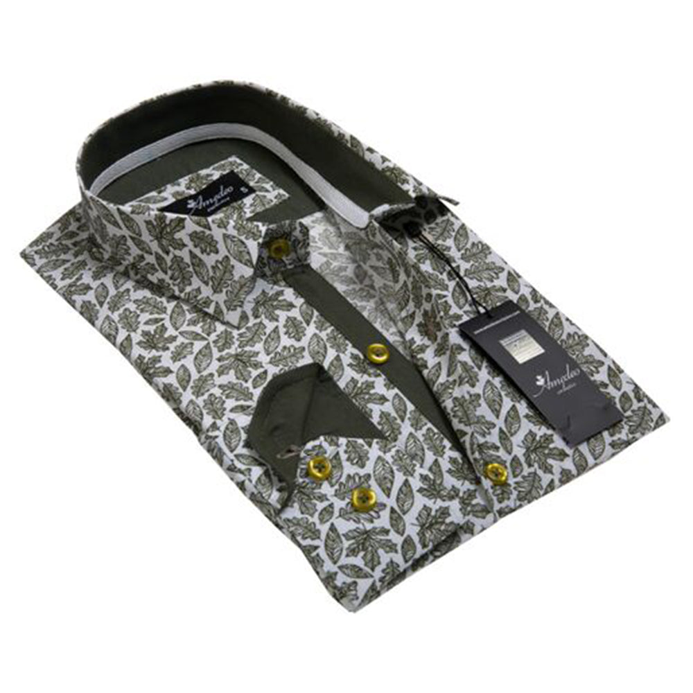 Green White Leaves Mens Slim Fit Designer Dress Shirt - tailored Cotton Shirts for Work and Casual - Amedeo Exclusive