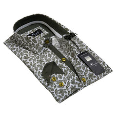 Green White Leaves Mens Slim Fit Designer Dress Shirt - tailored Cotton Shirts for Work and Casual - Amedeo Exclusive