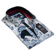 White with Blue Floral Mens Slim Fit Designer Dress Shirt - tailored Cotton Shirts for Work and - Amedeo Exclusive