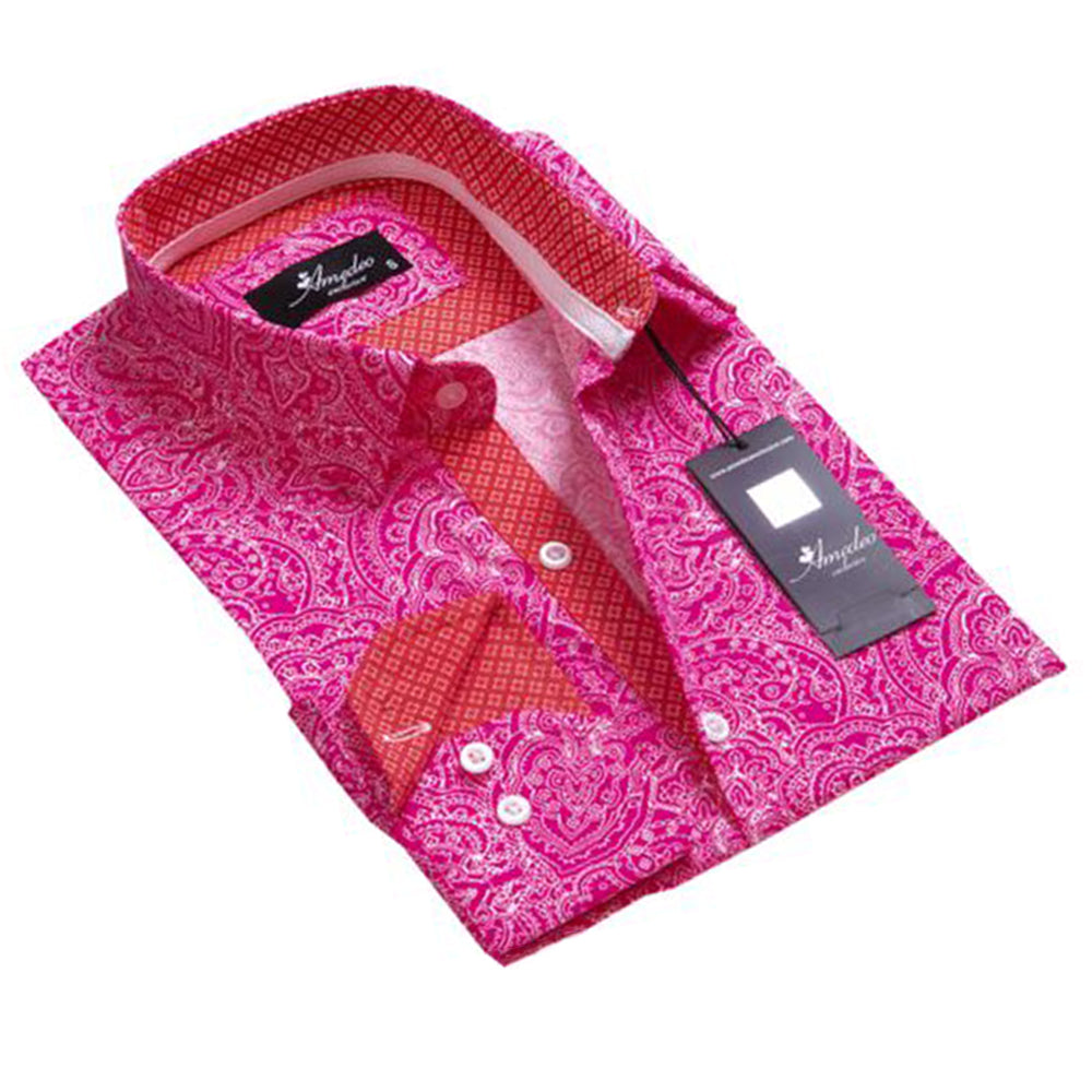 Pink Red & White Paisley Mens Slim Fit Designer Dress Shirt - tailored Cotton Shirts for Work and Casual Wear - Amedeo Exclusive