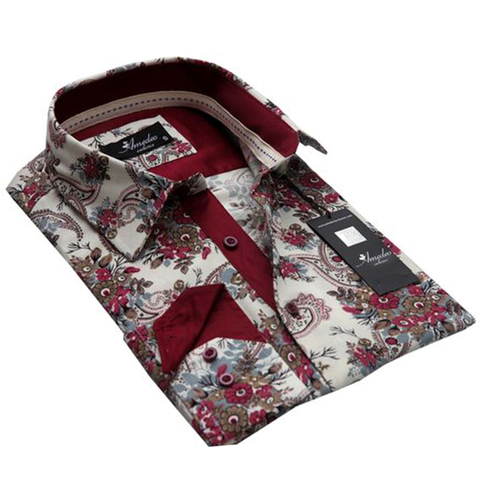 Cream Floral Mens Slim Fit Designer Dress Shirt - tailored Cotton Shirts for Work and Casual Wear - Amedeo Exclusive