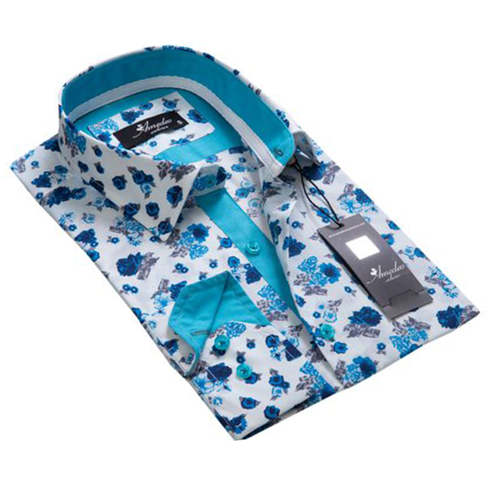 White Blue Floral Mens Slim Fit Designer Dress Shirt - tailored Cotton Shirts for Work and Casual Wear - Amedeo Exclusive