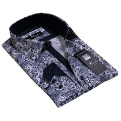 Black White Floral Mens Slim Fit Designer Dress Shirt - tailored Cotton Shirts for Work and Casual Wear - Amedeo Exclusive