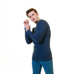 Blue Rounded Neck European Wool Luxury Zippered With Sweater Jacket Warm Winter Tailor Fit