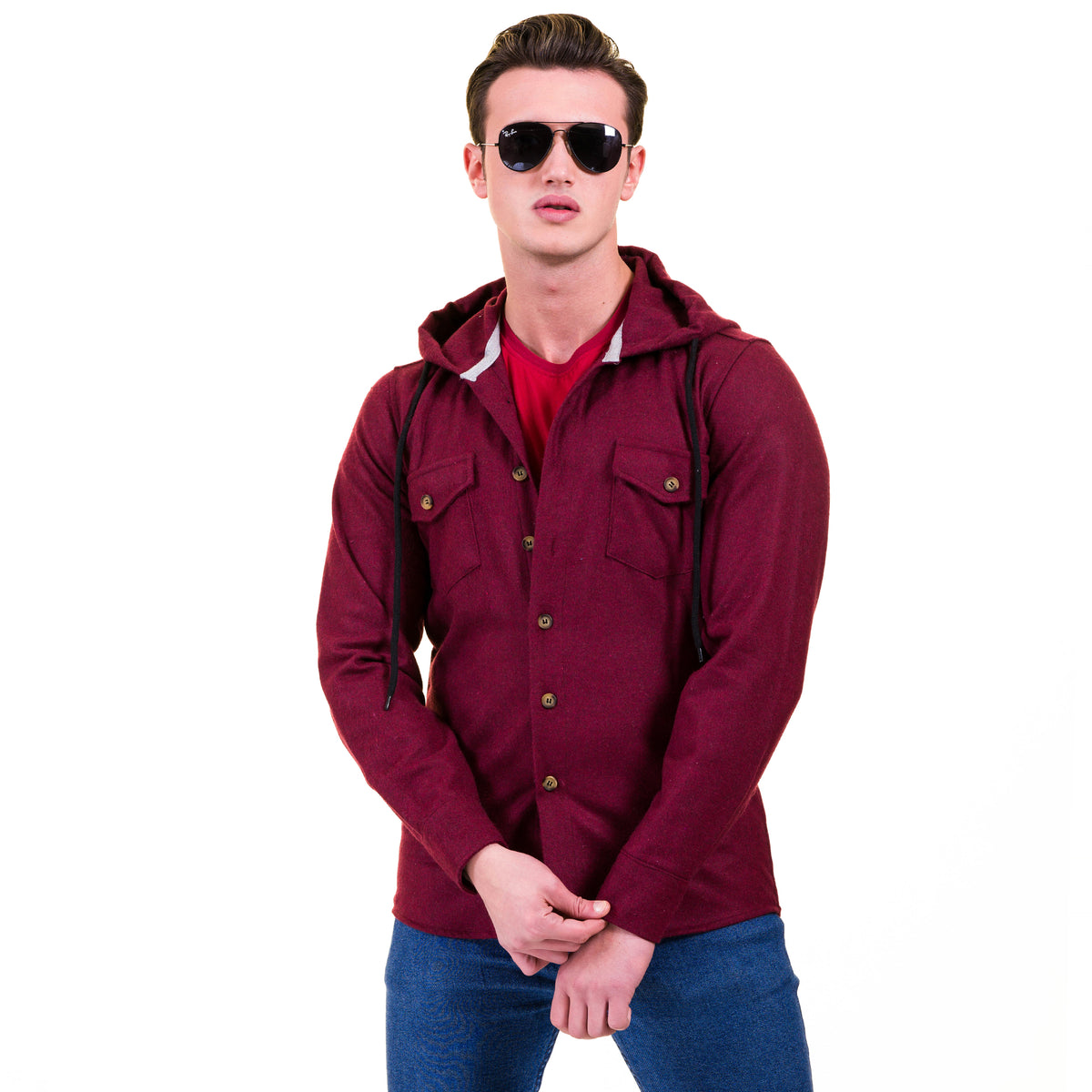 Solid Burgandy European Wool Luxury Zippered With Hoodie Sweater Jacket Warm Winter Tailor Fit