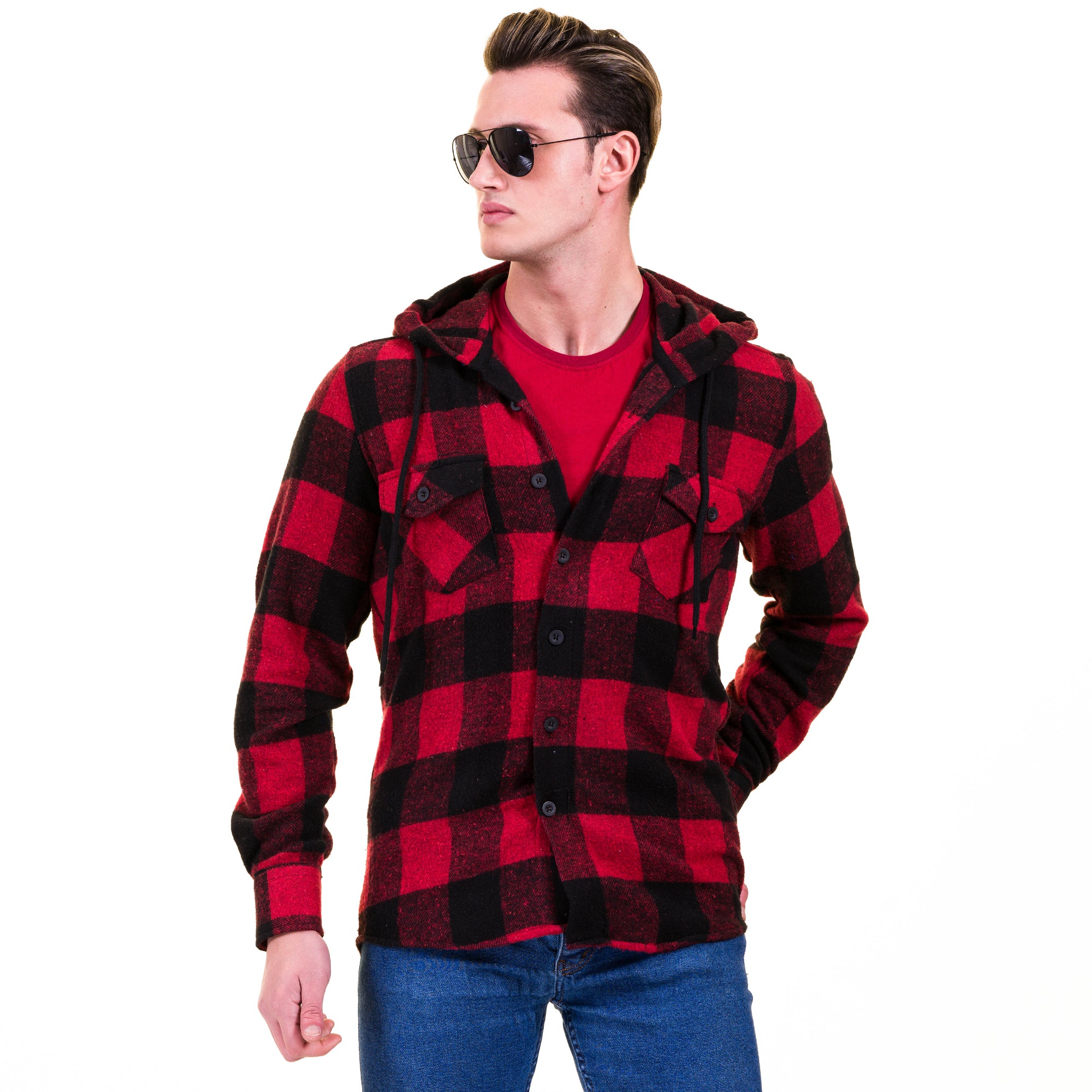 Red Black Check European Wool Luxury Zippered With Hoodie Sweater Jacket Warm Winter Tailor Fit