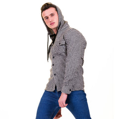 Black White Harringbone European Wool Luxury Zippered With Hoodie Sweater Jacket Warm Winter Tailor Fit