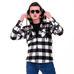 Black White Big Check European Wool Luxury Zippered With Hoodie Sweater Jacket Warm Winter Tailor Fit