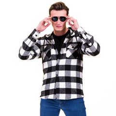 Black White Big Check European Wool Luxury Zippered With Hoodie Sweater Jacket Warm Winter Tailor Fit