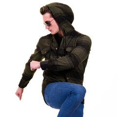 Olive Green Black Check European Wool Luxury Zippered With Hoodie Sweater Jacket Warm Winter Tailor Fit