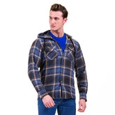 Blue Tan Check European Wool Luxury Zippered With Hoodie Sweater Jacket Warm Winter Tailor Fit