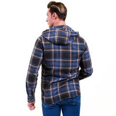 Blue Tan Check European Wool Luxury Zippered With Hoodie Sweater Jacket Warm Winter Tailor Fit