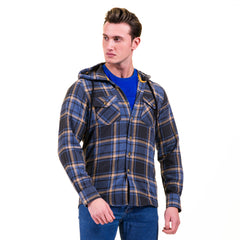 Blue Tan Check European Wool Luxury Zippered With Hoodie Sweater Jacket Warm Winter Tailor Fit