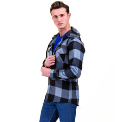 Blue Black Check European Wool Luxury Zippered With Hoodie Sweater Jacket Warm Winter Tailor Fit