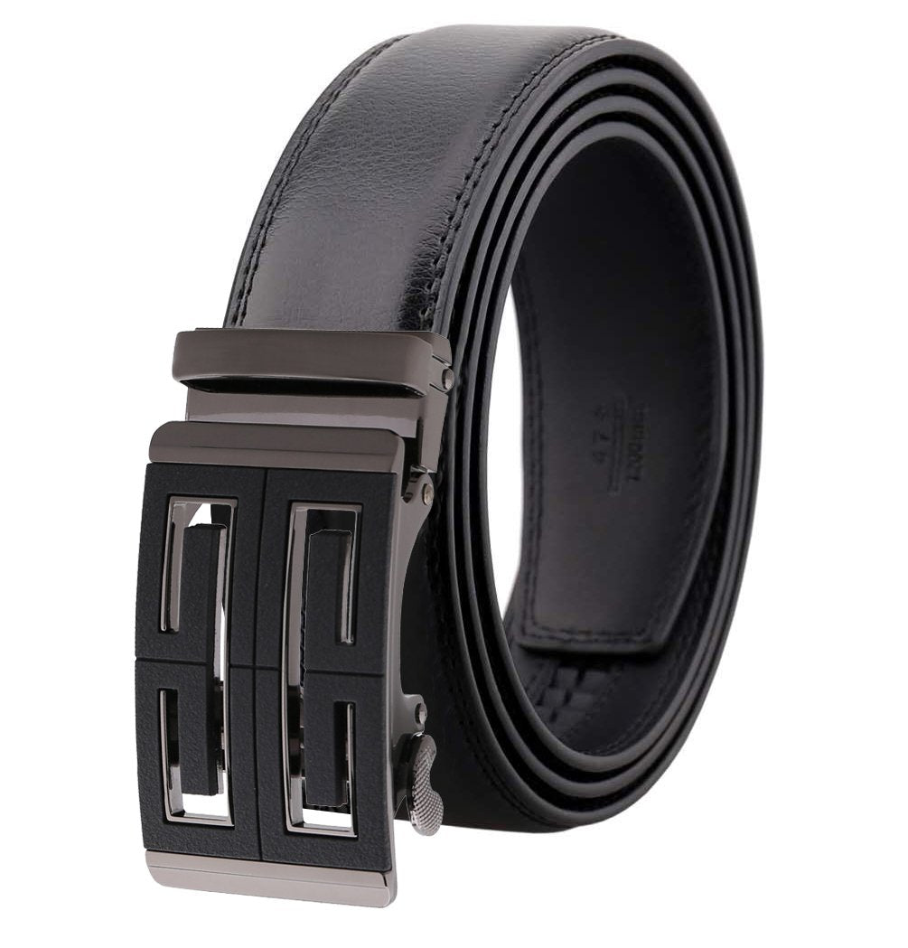 Amedeo Exclusive Men's Black Slide Automatic Buckle Black Leather Belt - Amedeo Exclusive