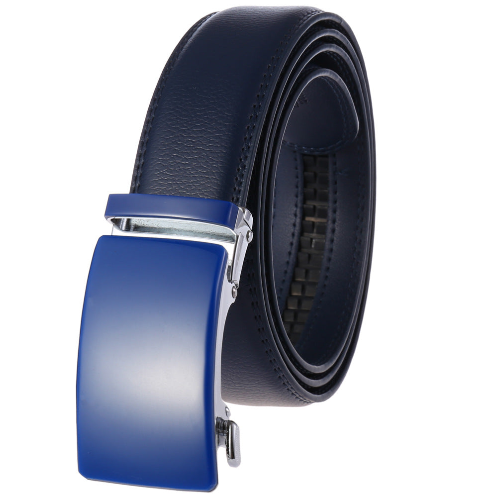 Men's Plain Leather Slide Ratchet Dress Belt with B Design Automatic Buckle  