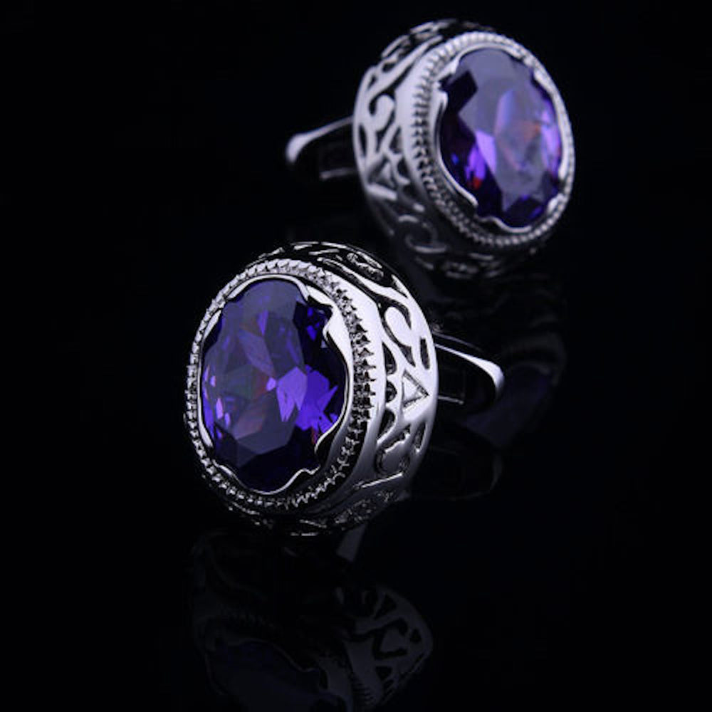 Mens Stainless Steel Silver w/ Big Purple Stone Cufflinks for Shirt with Box - Hand Crafted - Amedeo Exclusive