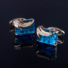 Mens Stainless Steel Gold + Light Blue Squares Cufflinks for Shirt with Box - Hand Crafted Perfect - Amedeo Exclusive