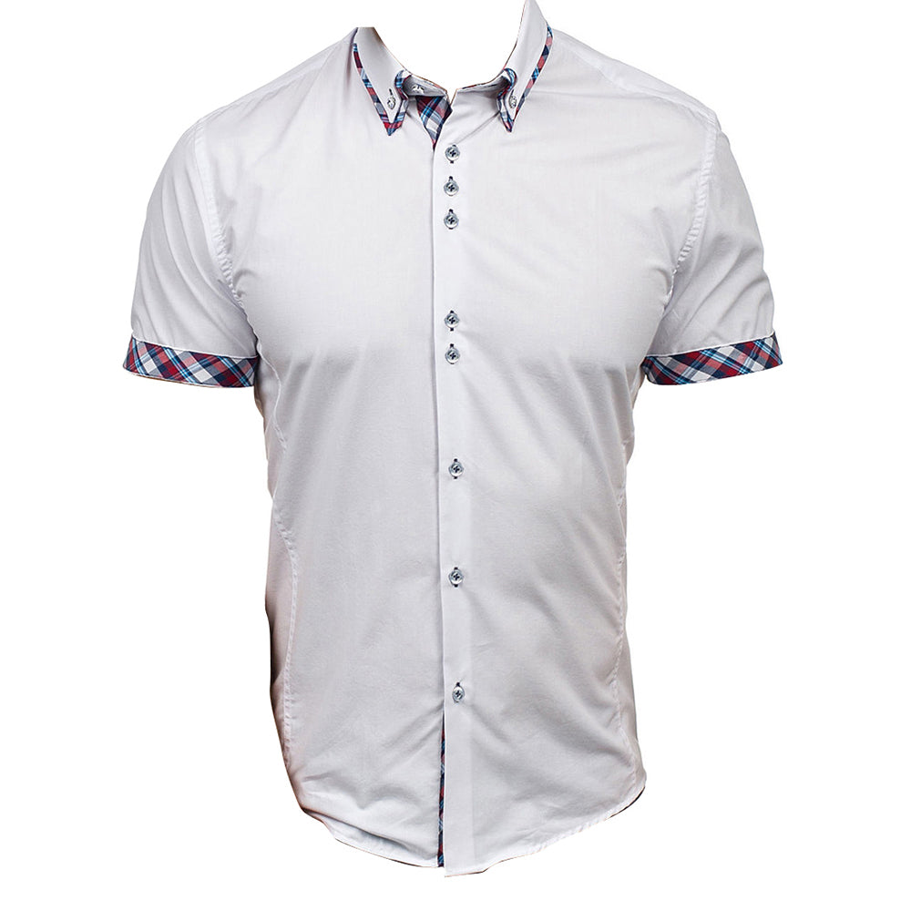 Men's Button down Tailor Fit Soft 100% Cotton Short Sleeve Dress Shirt White with Colorful Checkcasual And Formal - Amedeo Exclusive