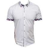 Men's Button down Tailor Fit Soft 100% Cotton Short Sleeve Dress Shirt White with Colorful Checkcasual And Formal - Amedeo Exclusive