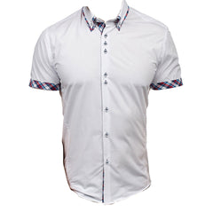 Men's Button down Tailor Fit Soft 100% Cotton Short Sleeve Dress Shirt White with Colorful Checkcasual And Formal - Amedeo Exclusive