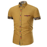 Men's Button down Tailor Fit Soft 100% Cotton Short Sleeve Dress Shirt Tan with Black Gold Paisley check casual And Formal - Amedeo Exclusive