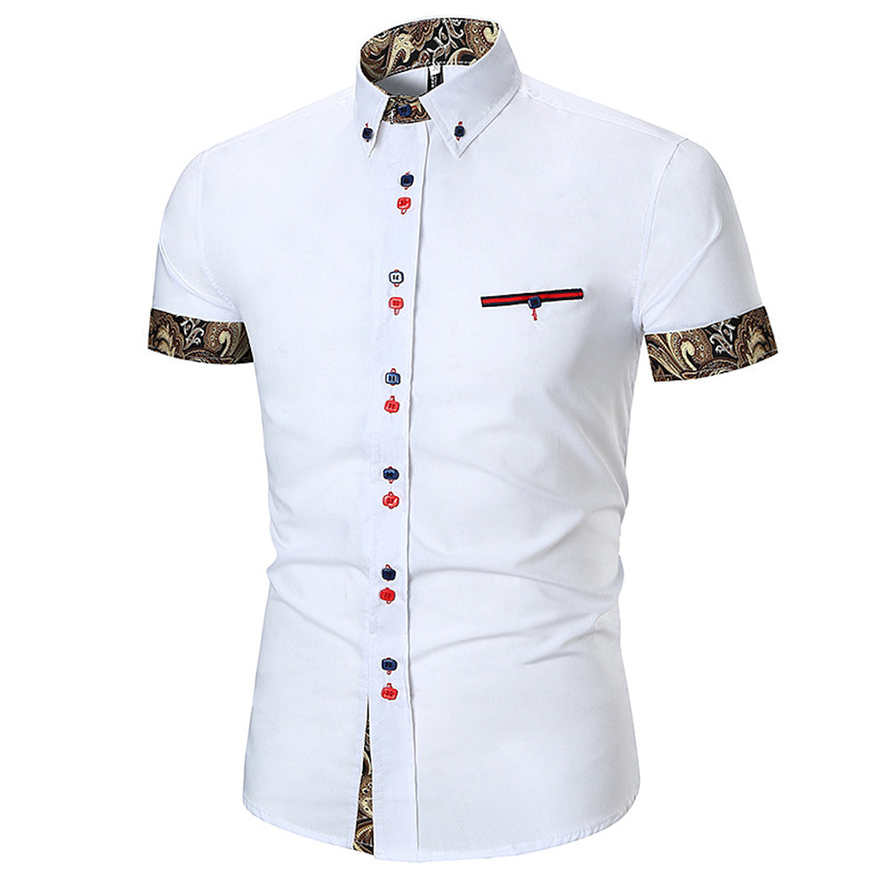 Men's Button down Tailor Fit Soft 100% Cotton Short Sleeve Dress Shirt White with Black Gold Paisley check casual And Formal - Amedeo Exclusive