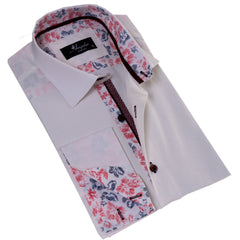 White insdei Red Floral Mens Slim Fit Designer French Cuff Shirt - tailored Cotton Shirts for Work and Casual Wear