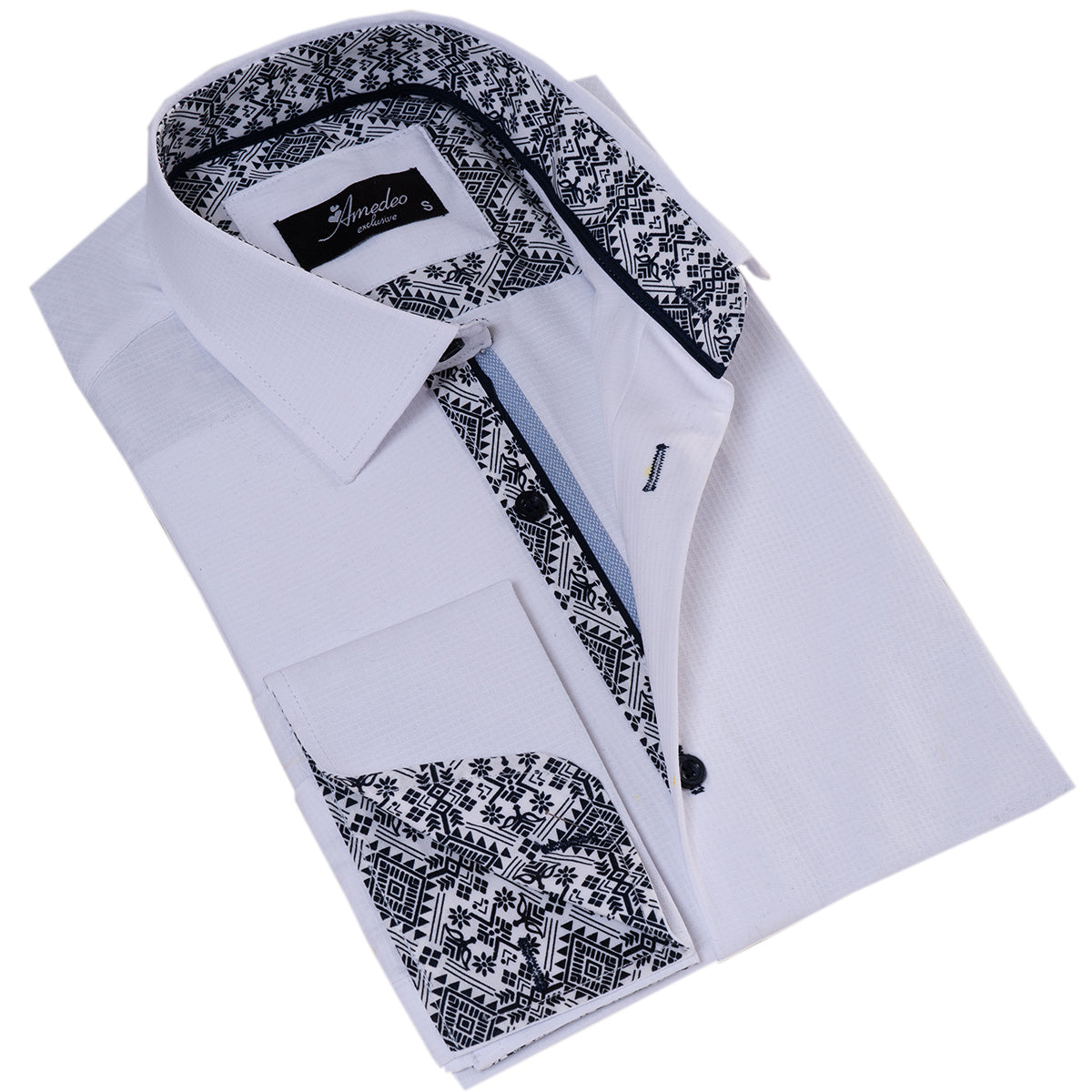 White inside Black Printed Double Cuff Men's Slim Fit Designer French Cuff  Shirt – Amedeo Exclusive