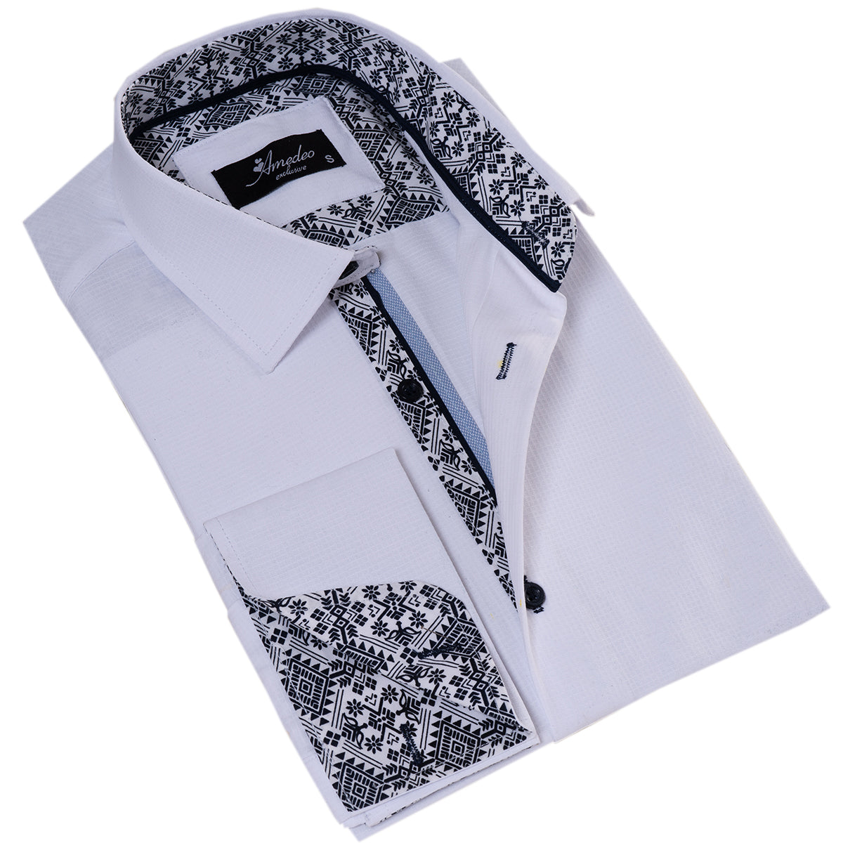 White inside Black Printed Double Cuff Men's Slim Fit Designer