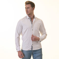 White inside Black Printed Double Cuff Shirt Mens Slim Fit Designer French Cuff Shirt - tailored Cotton Shirts for Work and Casual Wear