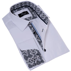 White inside Black Printed Double Cuff Shirt Mens Slim Fit Designer French Cuff Shirt - tailored Cotton Shirts for Work and Casual Wear