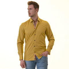 Mustard Printed inside Paisley Mens Slim Fit Designer French Cuff Shirt - tailored Cotton Shirts for Work and Casual Wear
