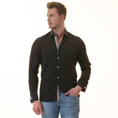 Black inside White Printed Double Cuff Shirt Mens Slim Fit Designer French Cuff Shirt