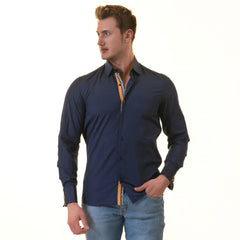 CNavy inside Yellow Mens Slim Fit Designer French Cuff Shirt