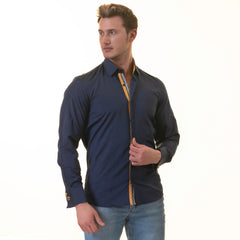 CNavy inside Yellow Mens Slim Fit Designer French Cuff Shirt