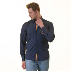 CNavy inside Yellow Mens Slim Fit Designer French Cuff Shirt