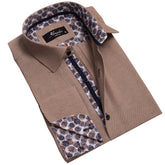 Brown White Mens Slim Fit French Cuff Shirts with Cufflink Holes - Casual and Formal