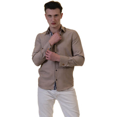 Brown White Mens Slim Fit French Cuff Shirts with Cufflink Holes - Casual and Formal