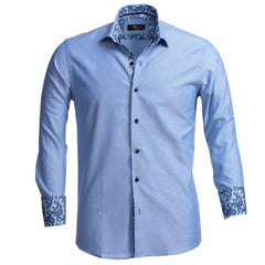 Blue Men's Slim Fit French Cuff Dress Shirts with Cufflink Holes - Casual and Formal - Amedeo Exclusive