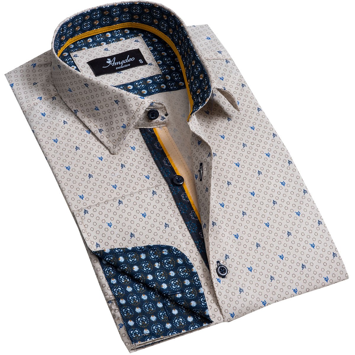 Beige Mens Slim Fit French Cuff Dress Shirts with Cufflink Holes - Casual and Formal - Amedeo Exclusive