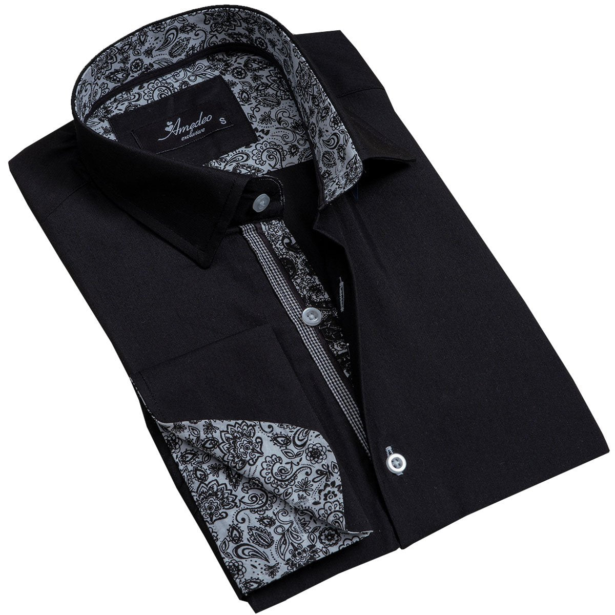 Solid Black Mens Slim Fit French Cuff Dress Shirts with Cufflink Holes - Casual and Formal - Amedeo Exclusive