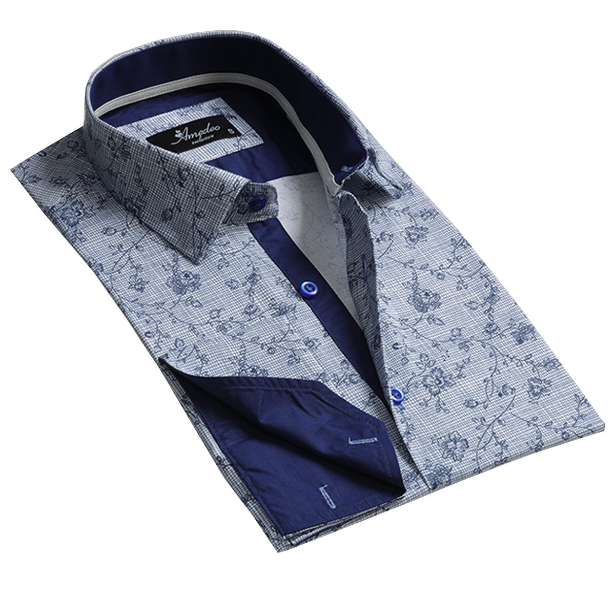 Blue and White Mens Slim Fit French Cuff Dress Shirts with Cufflink Holes - Casual and Formal - Amedeo Exclusive