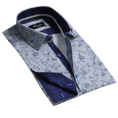 Blue and White Mens Slim Fit French Cuff Dress Shirts with Cufflink Holes - Casual and Formal - Amedeo Exclusive