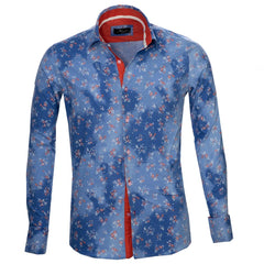 Blue Floral Mens Slim Fit French Cuff Dress Shirts with Cufflink Holes - Casual and Formal - Amedeo Exclusive